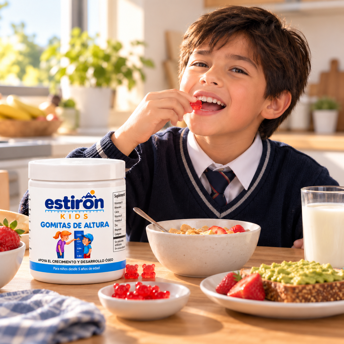 Niño con uniforme escolar comiendo gomitas Estirón Kids en el desayuno