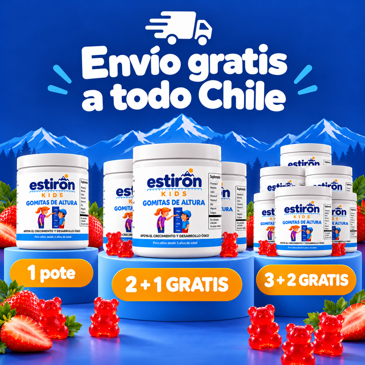 Packs Estirón Kids: 1 pote, 2 + 1 gratis y 3 + 2 gratis, envío gratis a todo Chile