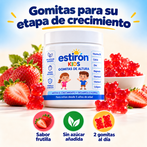 Pote Estirón Kids Gomitas de altura con gomitas de osito y frutillas: sabor frutilla, sin azúcar añadida, 2 gomitas al día